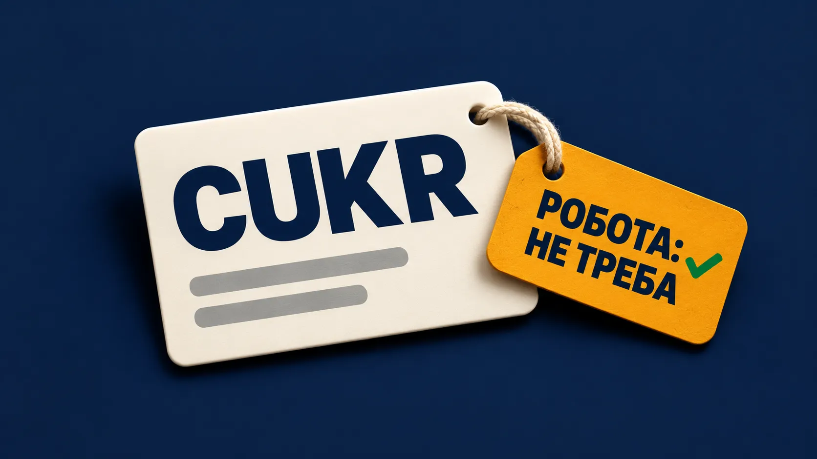 Картка «CUKR» із бурштиновою биркою на шнурку «РОБОТА: НЕ ТРЕБА» і зеленою галочкою