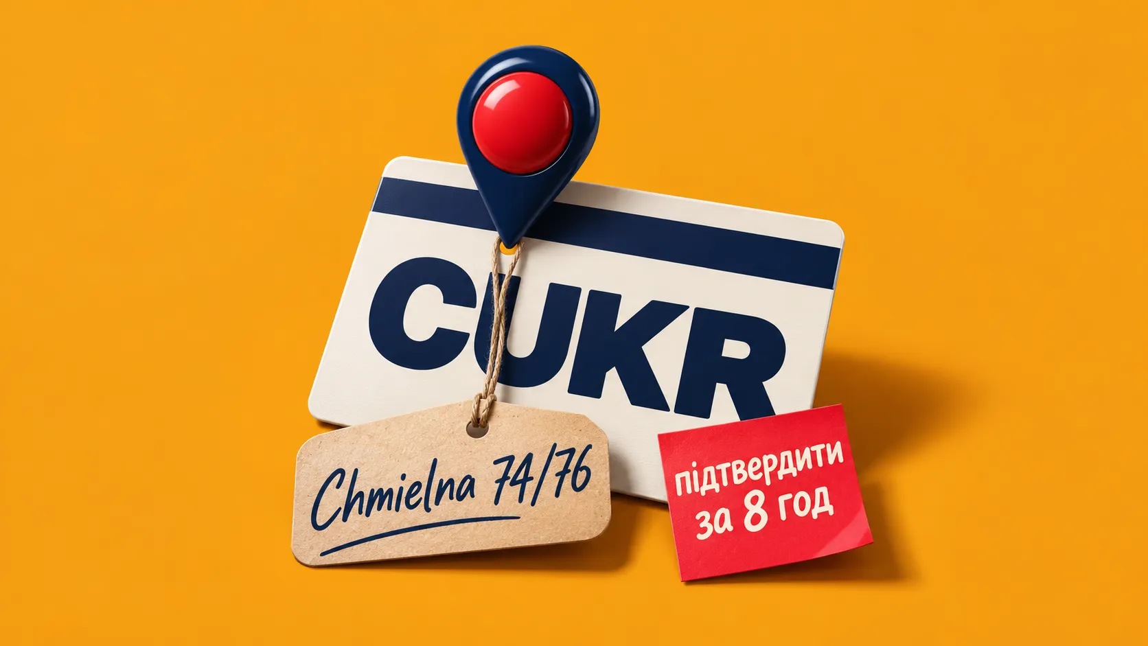 Карточка «CUKR» с маркером на карте, бирка «Chmielna 74/76» и красный стикер «підтвердити за 8 год»