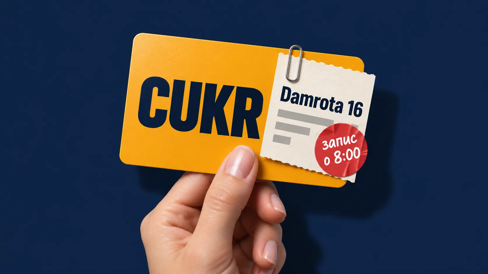 Рука тримає картку «CUKR» з талоном черги «Damrota 16» і червоним стікером «запис о 8:00»