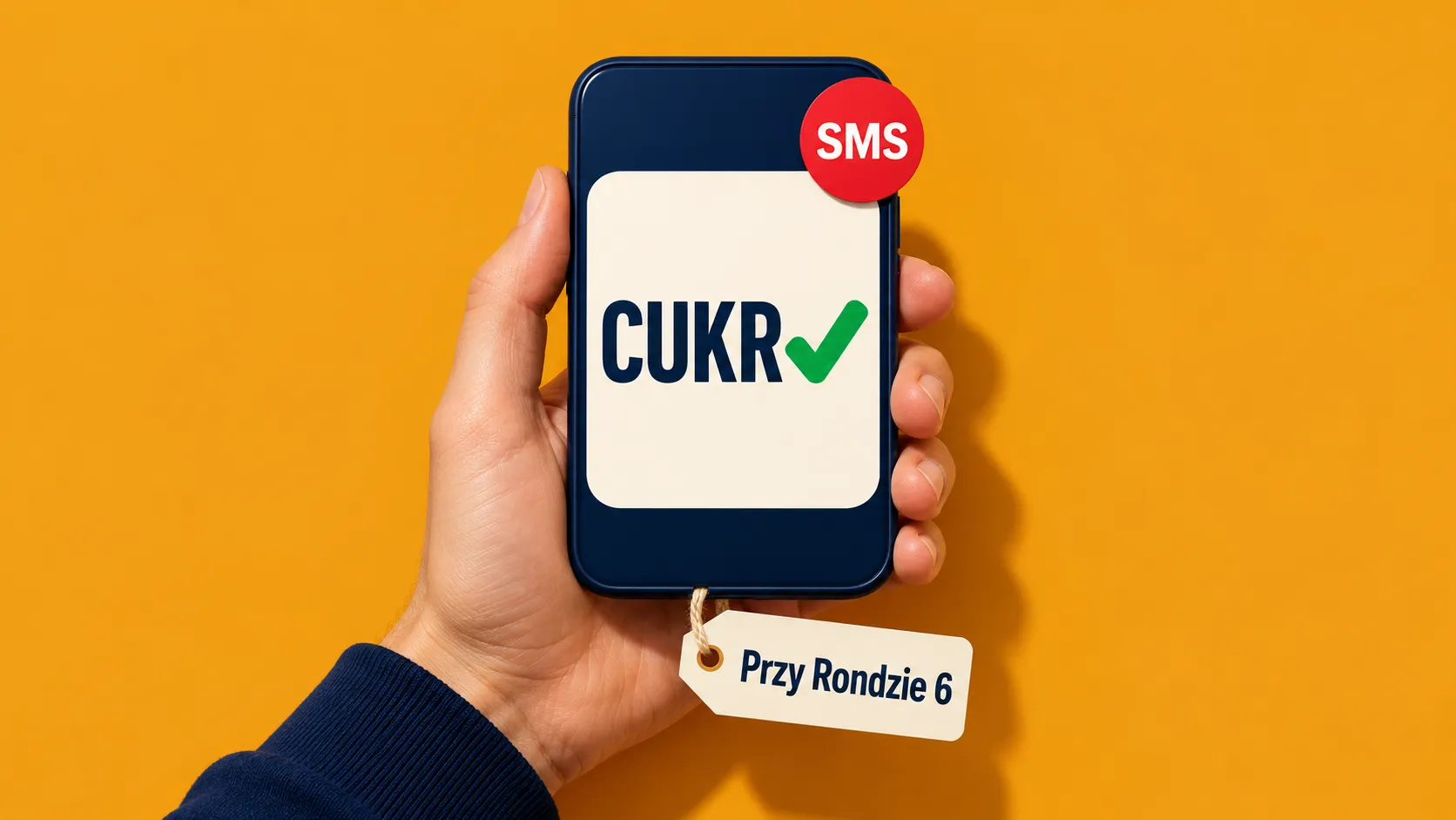 Рука тримає смартфон з написом «CUKR» і галочкою, сповіщенням «SMS» і биркою «Przy Rondzie 6»