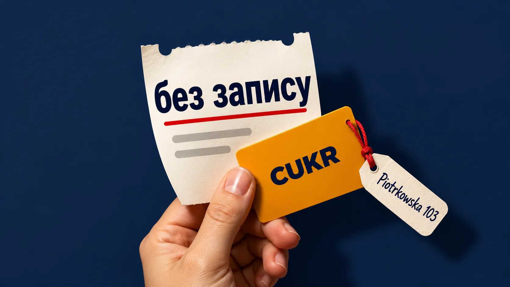 Картка «CUKR» і талон електронної черги з написом «без запису», бирка «Piotrkowska 103»