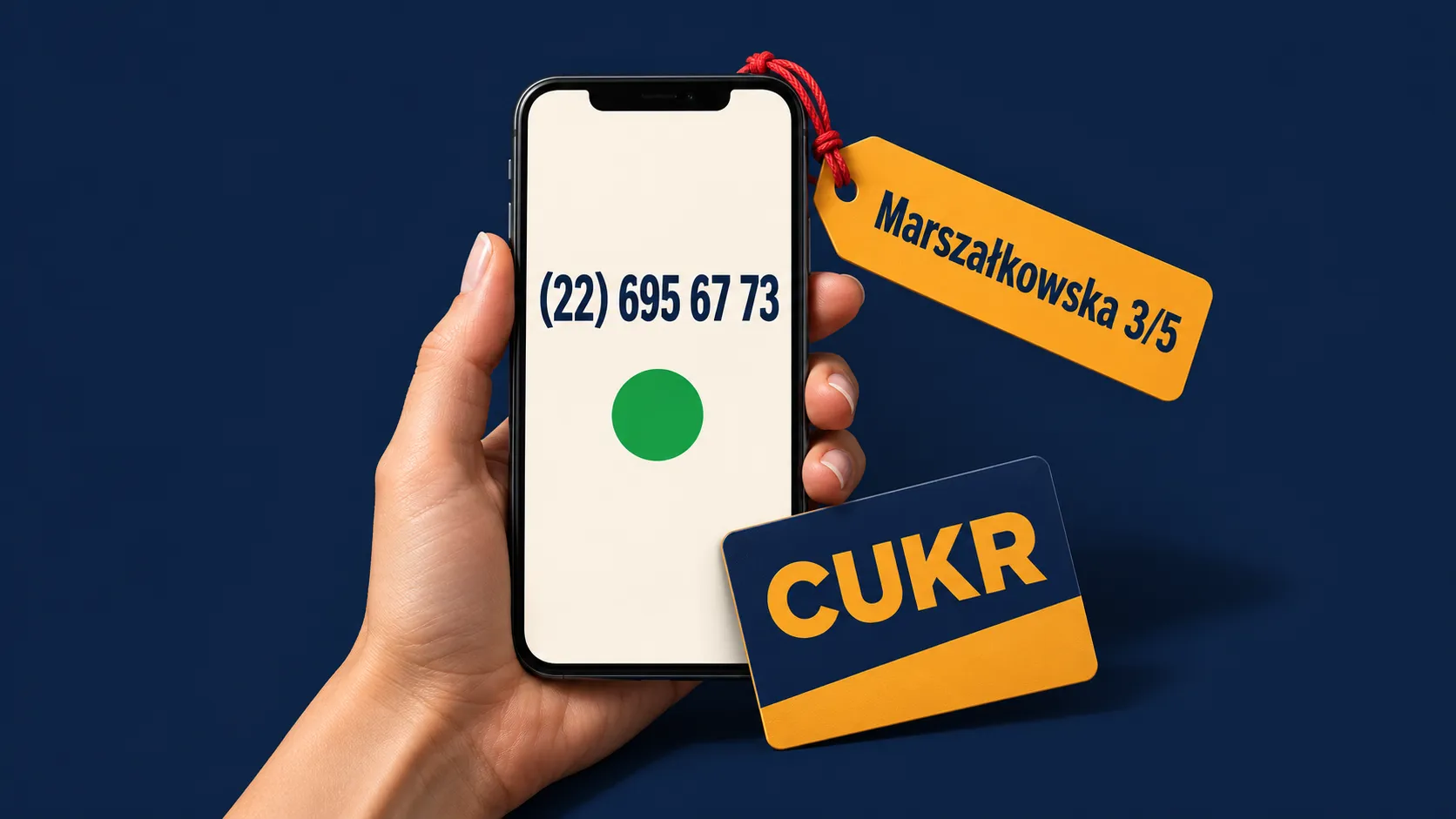 Смартфон с номером «(22) 695 67 73», бирка «Marszałkowska 3/5» и карточка «CUKR»