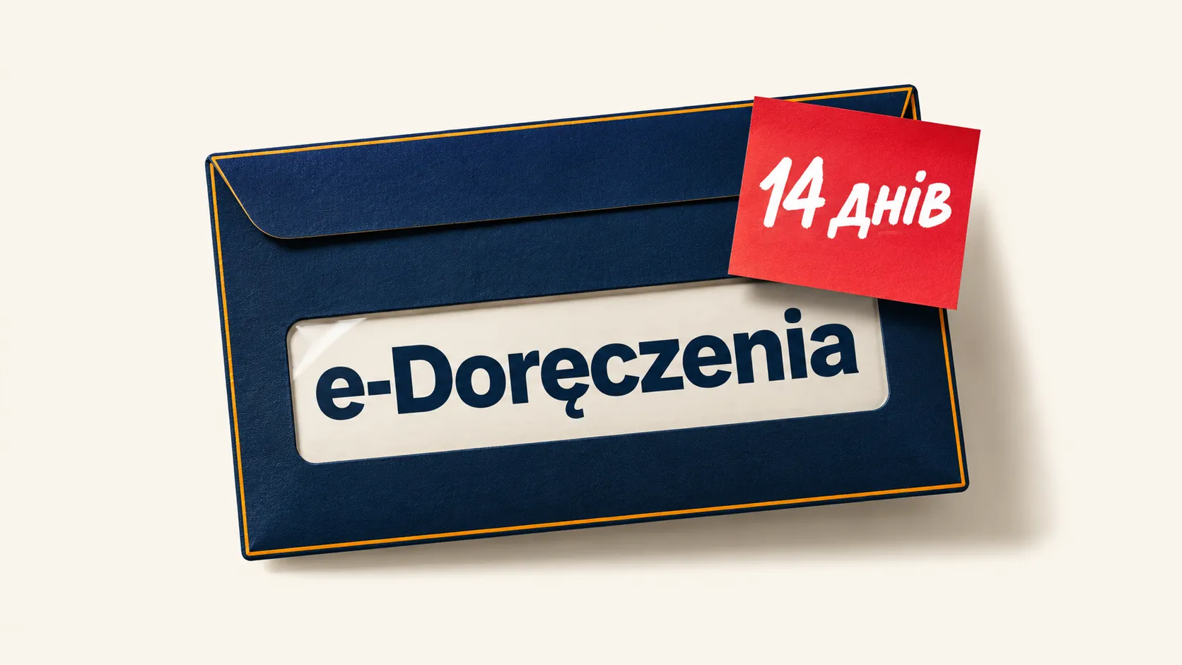 Темно-синій конверт із віконцем, у якому напис «e-Doręczenia», і червоний стікер «14 днів»
