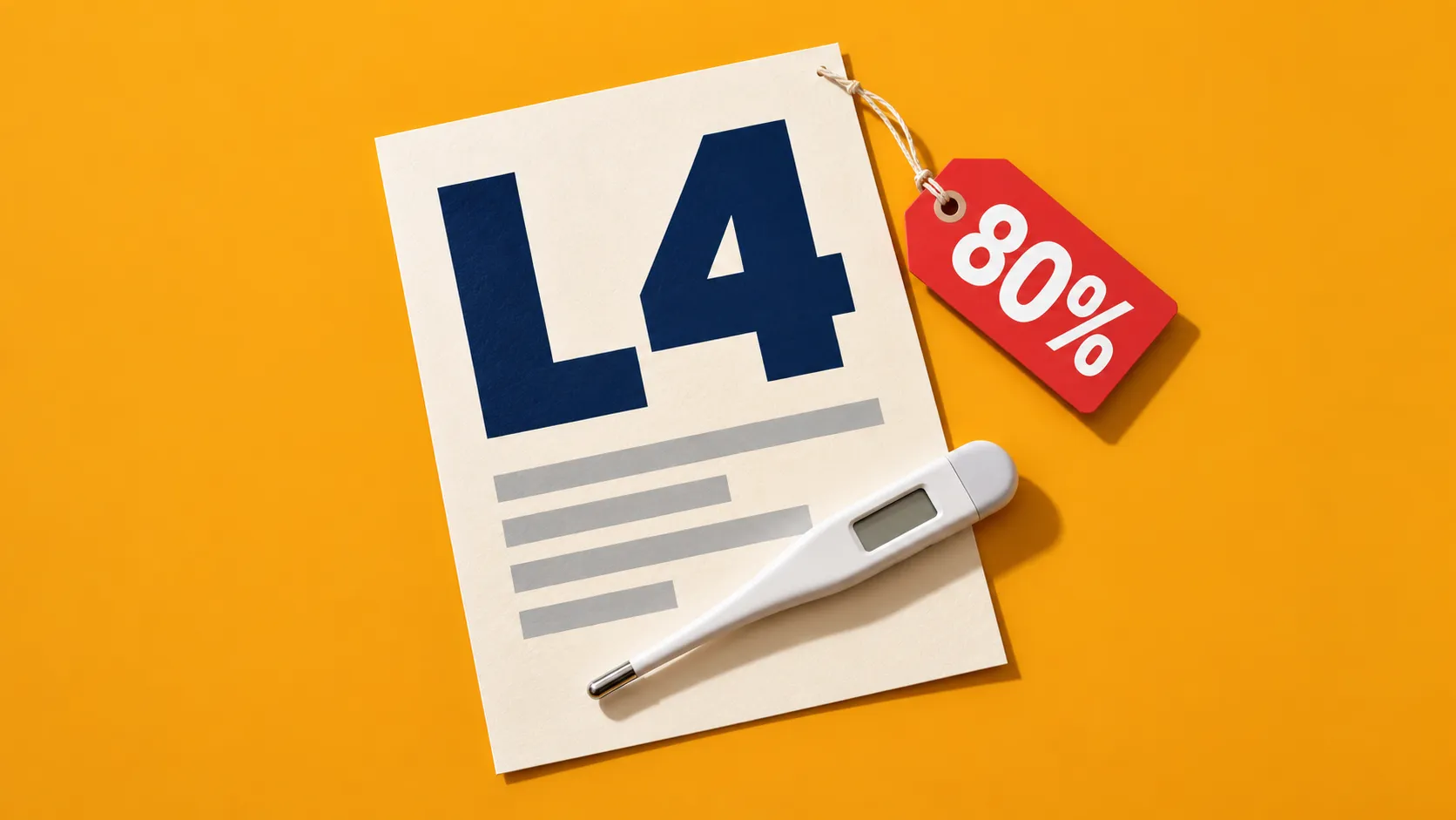 Електронний термометр на аркуші з великим написом «L4» і червона бирка «80%»