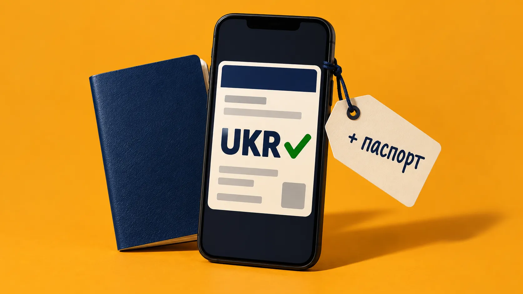Смартфон з написом «UKR ✓» на екрані, поруч паспорт і бирка «+ паспорт»