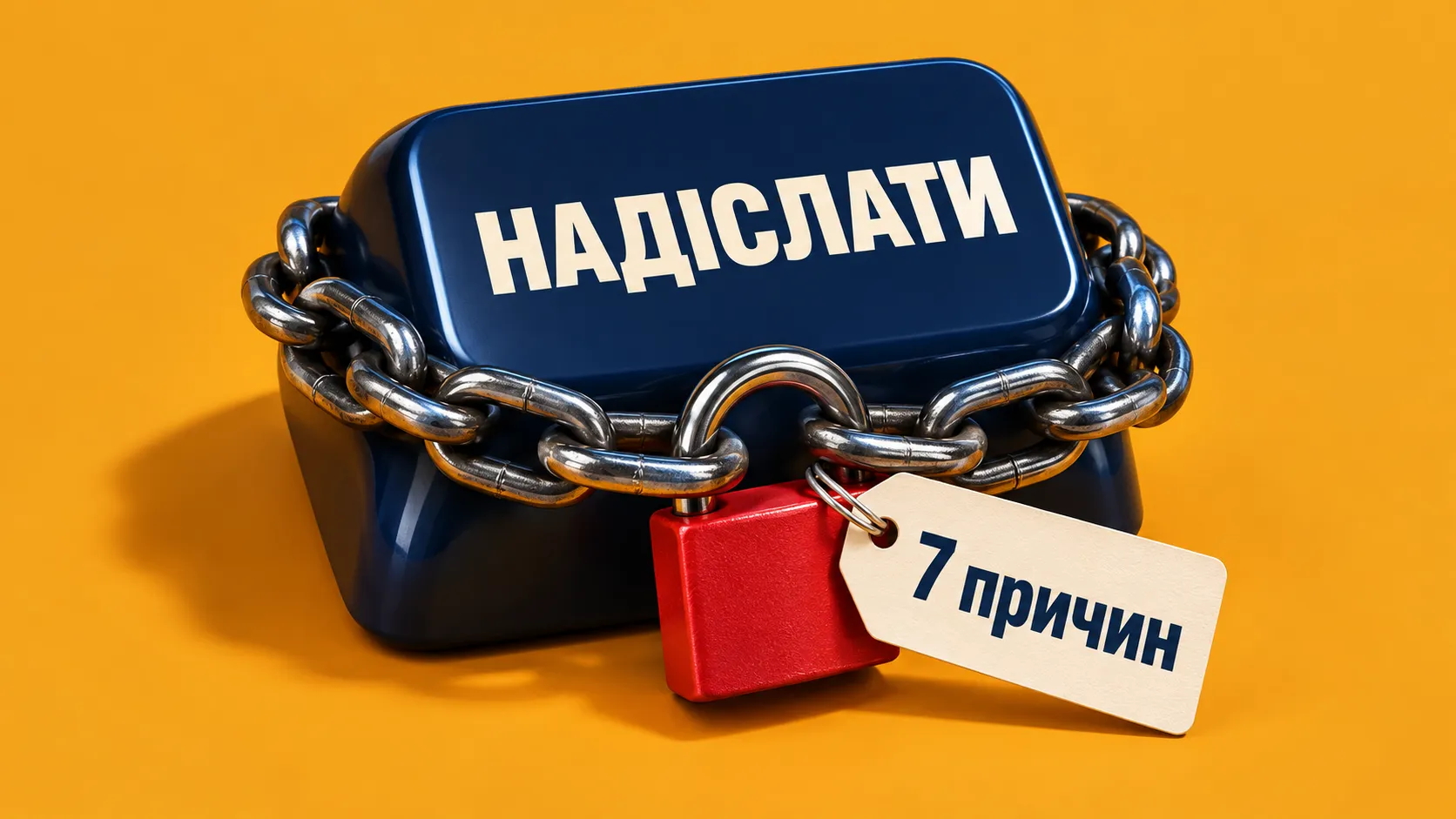 Кнопка «НАДІСЛАТИ», обмотанная цепью с красным замком и биркой «7 причин»