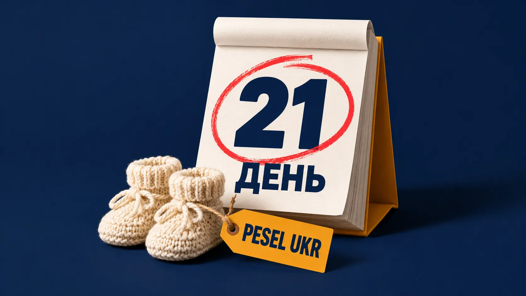 Відривний календар із числом «21» у червоному колі й словом «ДЕНЬ», поруч дитячі пінетки з биркою «PESEL UKR»