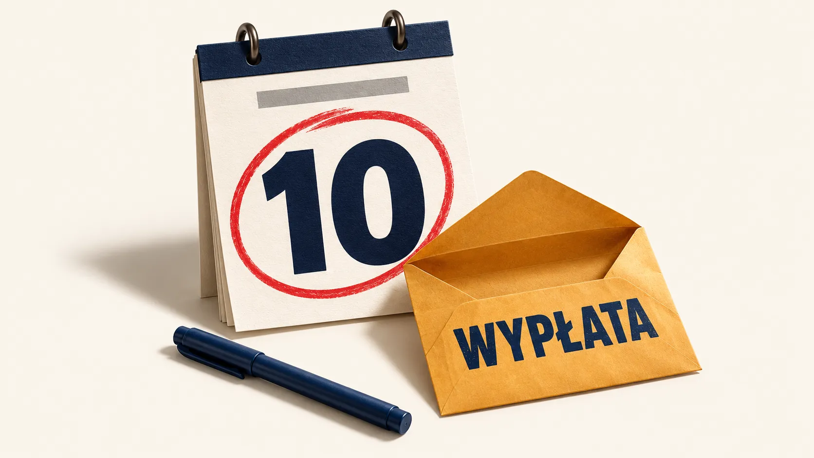 Аркуш календаря з числом «10», обведеним червоним, і порожній конверт з написом «WYPŁATA»