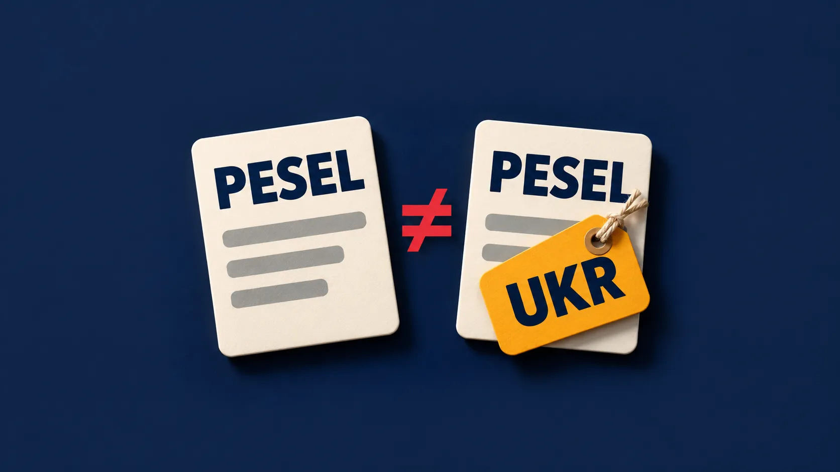 Дві картки з написом «PESEL» і червоним знаком «≠» між ними; на правій бурштинова бирка «UKR»