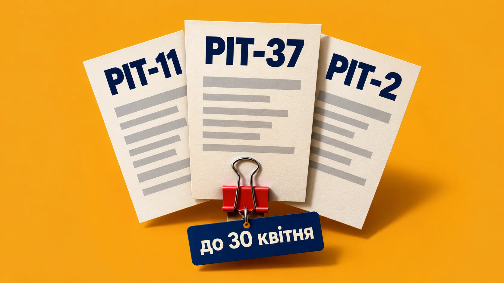 Три аркуші з написами «PIT-11», «PIT-37», «PIT-2» і бирка «до 30 квітня» на бурштиновому тлі