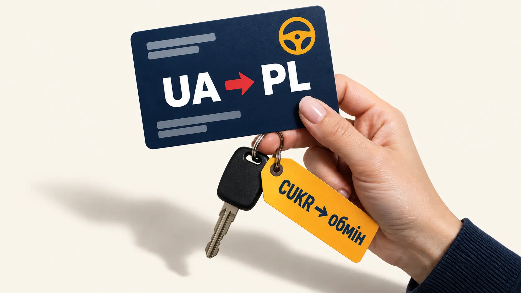 Картка водія з написом «UA → PL» і ключ від авто з биркою «CUKR → обмін»