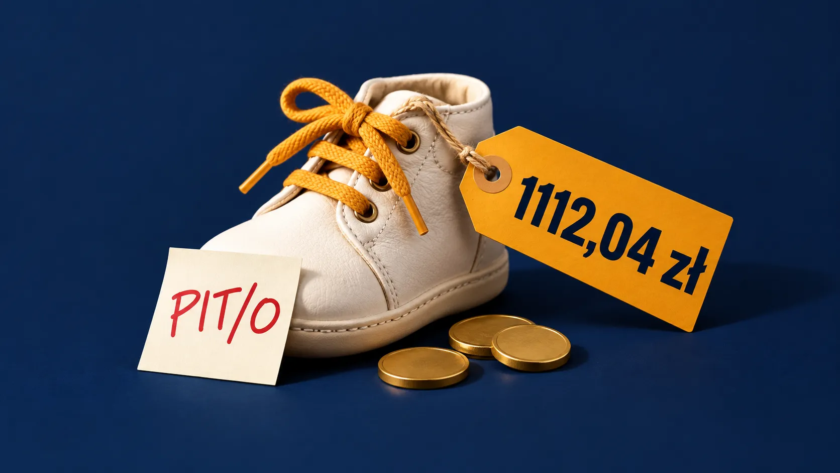 Дитячий черевичок з биркою «1112,04 zł» і стікером «PIT/O» на темно-синьому тлі