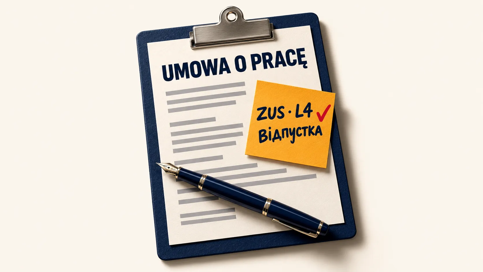 Клипборд с договором «UMOWA O PRACĘ» и янтарный стикер «ZUS · L4» «відпустка» с красной галочкой