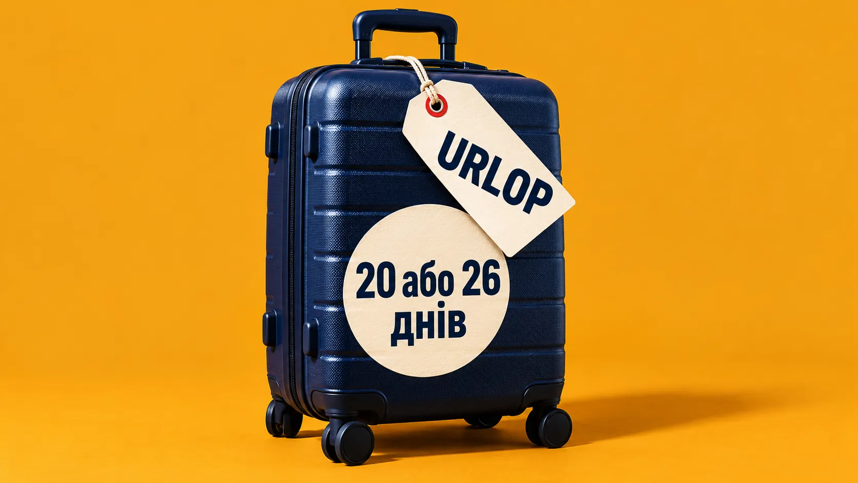 Синя валіза з кремовою биркою «URLOP» і написом «20 або 26 днів»