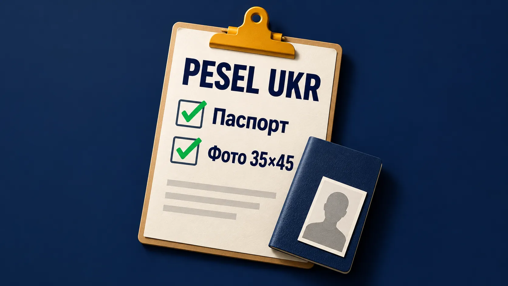 Планшет із чек-листом «PESEL UKR»: «Паспорт» і «Фото 35×45» з галочками, поруч паспорт і фото-силует